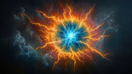 A vibrant explosion of colors resembling a cosmic energy burst amidst dark clouds.