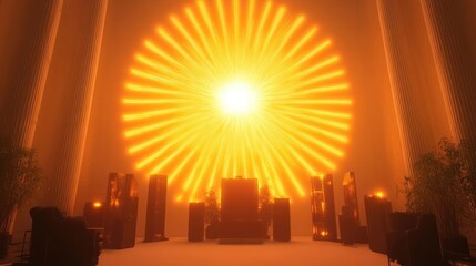 A glowing throne room with radiant light and elegant furnishings.