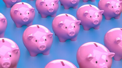 The Piggy Bank Group on blue Background  for saving or earn concept 3d Rendering.