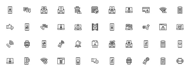Notification icon set. Minimal vector icons pack. Inludes symbols for warning,email, phone, battery, errr, virus, download, and moe. Editable stroke.