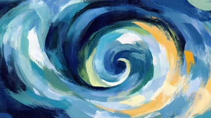 A swirling abstract design in shades of blue and yellow, evoking movement and fluidity.