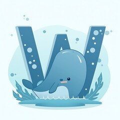 Whale Character and Letter W in Cartoon Style
