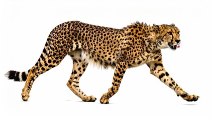 A cheetah strides gracefully across a white background.