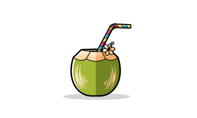 Fresh Green Coconut Drink with Striped Straw and Flower Decoration.