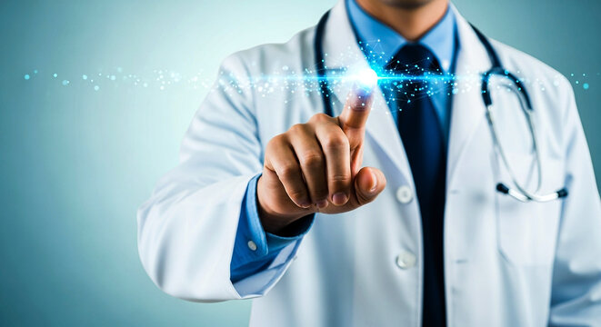 A medical professional wearing a white coat and stethoscope gestures towards a glowing digital interface symbolizing advancements in healthcare technology and future medical possibilities - Powered by Adobe