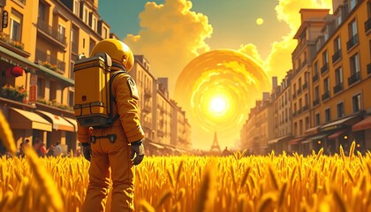 Astronaut Standing in Wheat Field with Cityscape and Bright Sky