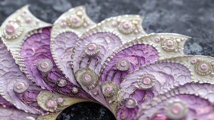 An ornate fan featuring intricate designs in lavender and cream, showcasing craftsmanship.
