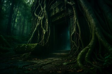 Ancient Stone Temple Entrance Engulfed by Green Forest Vines