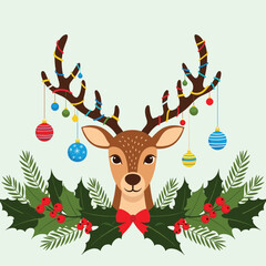 Naklejka premium Festive reindeer adorned with colorful christmas baubles and evergreen foliage creating a cheerful holiday spirit and winter wonderland scene