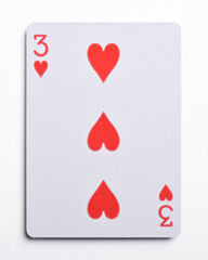 Three of hearts playing card, isolated on white background