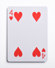 Four of hearts playing card, isolated on white background