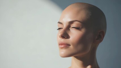 Bald woman with clear skin and serene expression in natural light close up portrait highlighting thoughtful facial features and peaceful beauty with green eyes sunlight - Powered by Adobe
