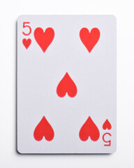 Five of hearts playing card, isolated on white background
