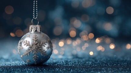 Silver ornament adorned w/ snowflake design hangs against soft, blurred background w/ bokeh lights.