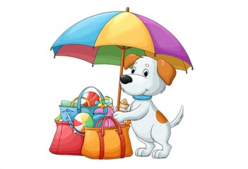 Cartoon dog under umbrella with beach bags