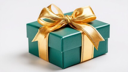 Obraz premium Emerald Green Gift Box with Gold Ribbon on White Background