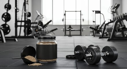 Fototapeta premium A jar of protein powder and a scoop are placed in front of dumbbells in a gym setting, suggesting fitness and nutrition.