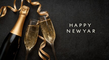 and keyword list for the image

 Champagne bottle and glasses clink to celebrate New Year on black backdrop