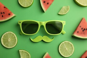 Bright green surface with watermelon and lime slices, lime-colored sunglasses and mustache