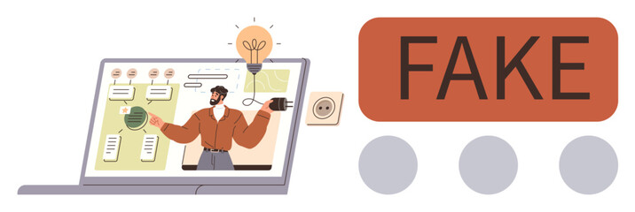 Man presenting on laptop screen with charts, idea bulb, and fake news alert. Ideal for education, social awareness, online safety, critical thinking, media ethics technology communication. Simple