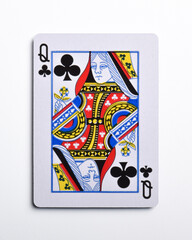 Queen of clubs playing card, isolated on white background