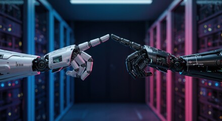 AI Creation: Robotic Hands Connecting in a Futuristic Server Room