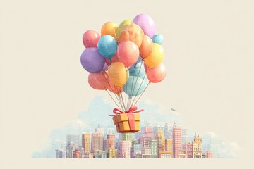 A gift-filled balloon bouquet floats over a city