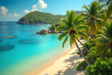 Fototapeta premium Turquoise ocean meets the sandy shore in this tropical paradise with palm trees and lush greenery.