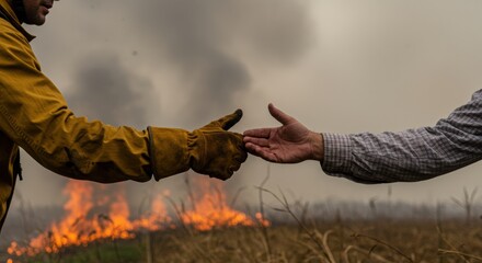 Obraz premium Firefighter and Civilian Hands Reaching Out Amidst Wildfire and Smoke