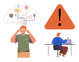 Man overwhelmed by digital connectivity, working on laptop, red triangle warning. Ideal for technology stress, risk, multitasking, cybersecurity, productivity, mental focus simple flat metaphor
