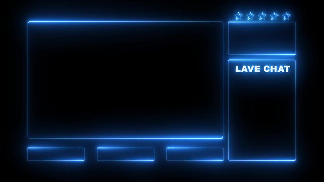 Intermission Stream Overlay Animated, Neon Sign looping facecam and chat for live streaming ,Frame border HUD element. HUD viewfinder. Intermission Stream. blue color neon line animation. 4k