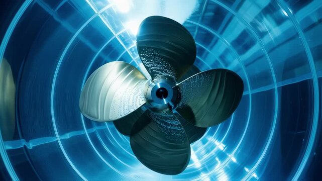 Detailed shot of propeller blades spinning in transparent cavitation tunnel water demonstrating fuelsaving performance testing for ships.