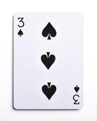 Three of spades playing card, isolated on white background