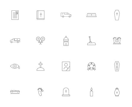 Funeral icon set. Vector symbols collection. Include last will, Bible book, cofin, church, tombstone, cadle, cremation, flowers an more. Editable stroke.