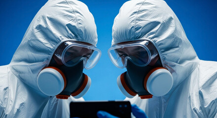 Two scientists in hazmat suits collaborate closely examining a sample under a microscope in a modern laboratory setting focused on research and discovery