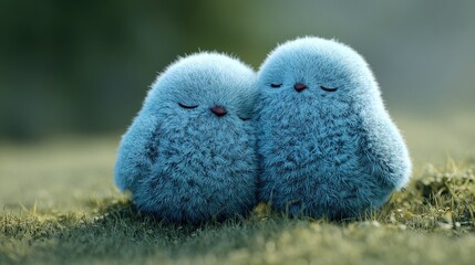 Fototapeta premium Two fluffy, light-blue creatures sit close together on a grassy ground. Peaceful, dreamy, and soft
