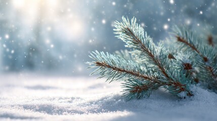Frosty blue-green pine boughs rest on a pristine snowdrift, bathed in soft, sunlit winter ambiance; falling snowflakes create a dreamy, blurred background