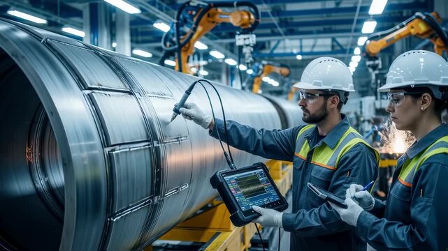 Technicians using ultrasonic testing tools to inspect weld integrity on hyperloop vacuum tube fabrication line ensuring structural safety.