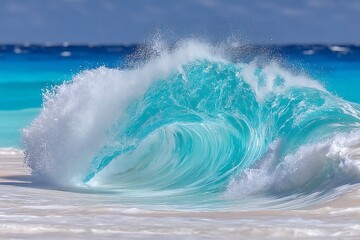 Fototapeta premium Turquoise Ocean Wave Crashing on Sandy Beach with Tropical Summer Paradise, and Clear Water.