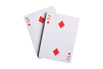 Two and three of diamonds playing card, isolated on white background
