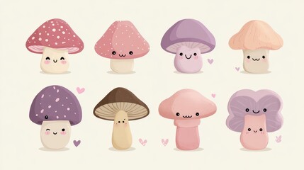 Cute mushroom characters in pastel colors