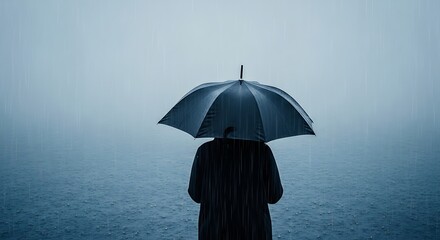 A lonely figure stands with an umbrella in the pouring rain, looking out over a misty body of water.