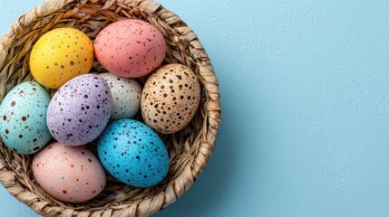 Obraz premium Colorful speckled Easter eggs in wicker basket on blue background