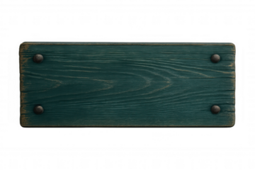 Weathered wooden sign with rustic rivets, revealing textured wood grain and faded teal paint on clean transparent backdrop