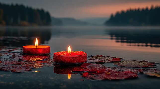 Two Red Candles Floating on Lake at Dusk with Flickering Flames and Red Leaves Serene Atmosphere