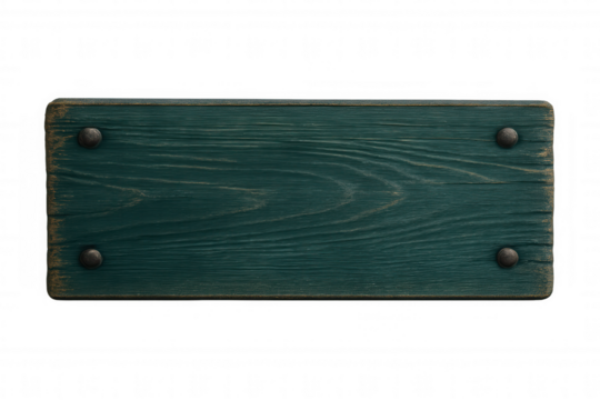 Weathered wooden sign with rustic rivets, revealing textured wood grain and faded teal paint on clean transparent backdrop