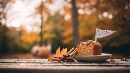 German Unity Day traditional honey cake with delicate sugar flag decoration and cinnamon sticks on rustic wooden table, autumn foliage bokeh background, festive cultural concept