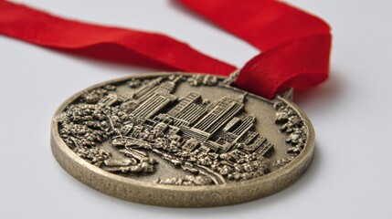 Winner Medal Featuring Detailed Cityscape Design on a Red Ribbon, Displayed Against a Neutral Background, Celebrating Achievement and Competition