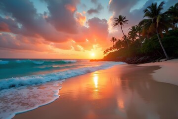 Vibrant Sunset at Tropical Beach with Palm Trees and Colorful Skies and Sea Waves, Paradise Vacation