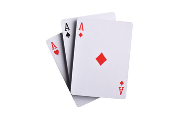 Flying playing card, three aces isolated on white background